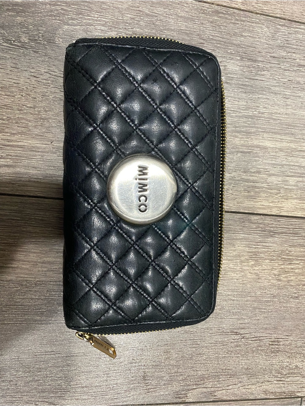Mimco Black Quilted Zip Wallet with Signature Medallion